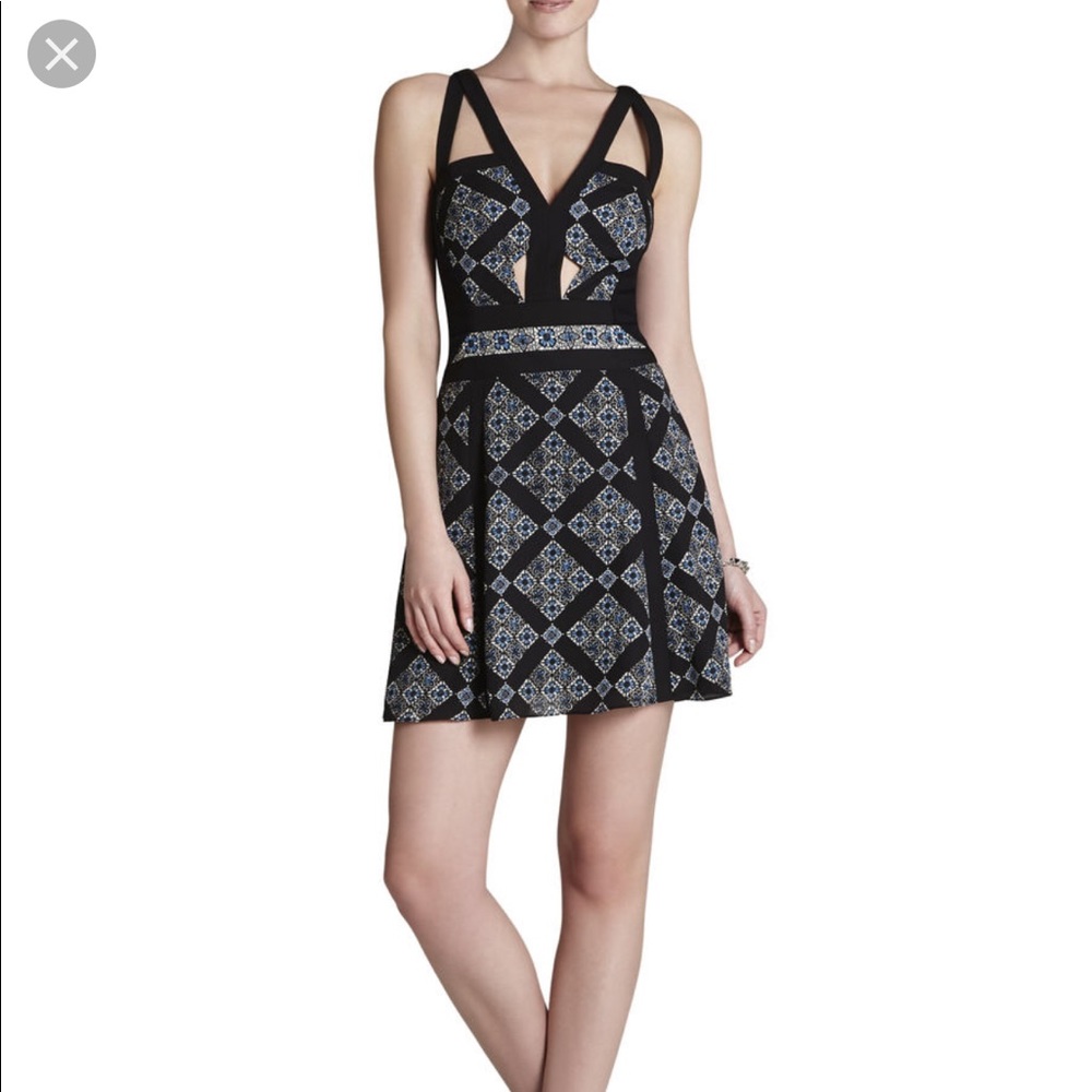BCBGMaxAzria Black and Blue Patterned Mini Dress